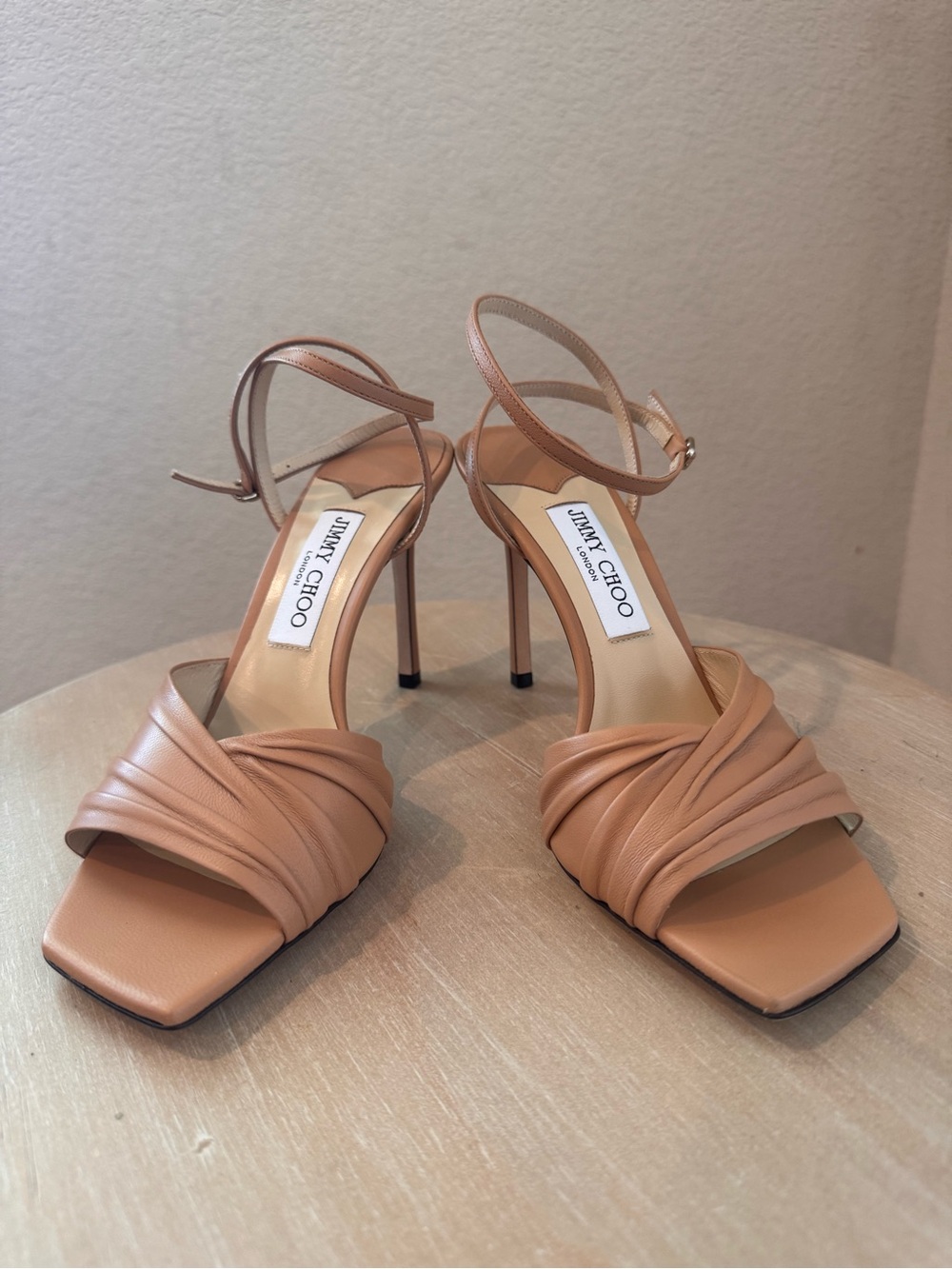 Jimmy Choo Basil 95 Caramel Napa Leather Ruched Sandal - EU 40 - NIB - $925